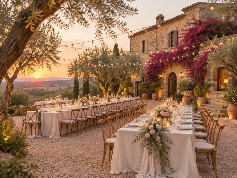 Mesas de banquete bajo los olivos de la masía