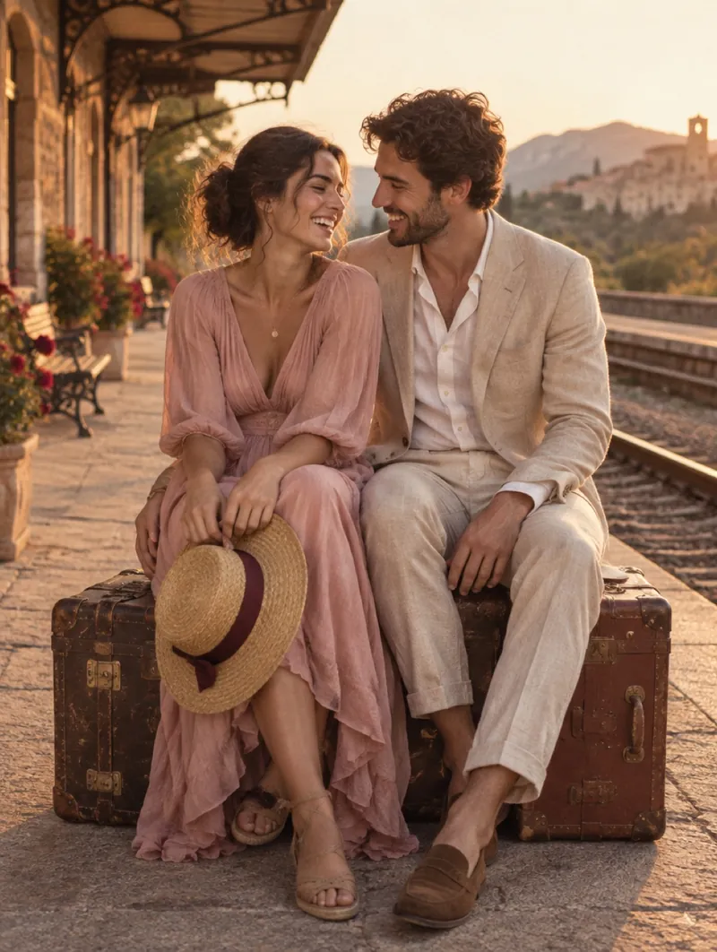 Diana y José sentados sobre maletas antiguas en un andén al atardecer